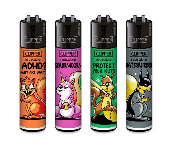 Clipper CLASSIC Large – Squirrels 4er Set mit ADHD?, Squirnicorn, Protect your nuts und Batsquirrel; nachfüllbar, Softflame, Stopfhilfe.